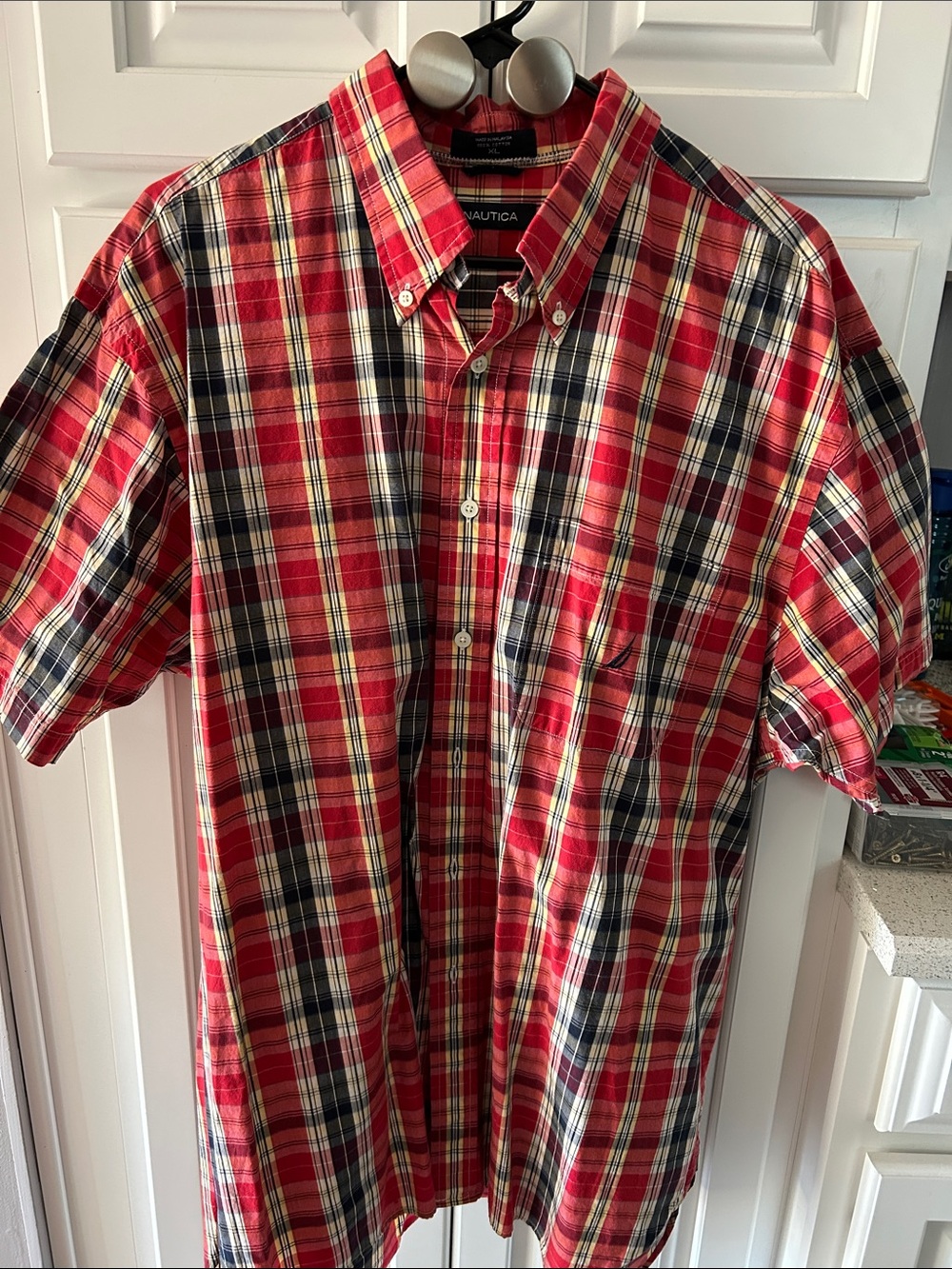 Nautica Red, Navy & White Plaid Short-Sleeve Button-Down Shirt